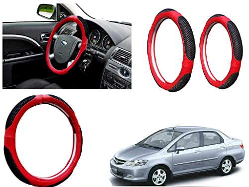 Image of Microfiber Car Steering Wheel Cover, Soft Padding Great Hand Feel, Anti-Slip, Faux Leather Steering Cover for Honda City ZX | Black Red Jali - Pack of 1
