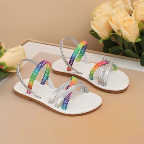 Girl's Open Toe Summer Flats Cross Rainbow Strappy Sandals Slip On Sandal Flats Comfortable Dress Shoes for Girls (Toddler Little Kid Big Kid)4