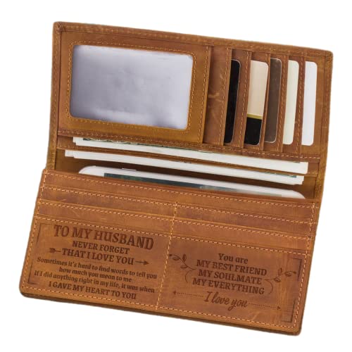 Engraved Leather Wallet for Men, Bifold Long Wallets Gift for Son Husband Boys from Mom Wife (To My Husband)
