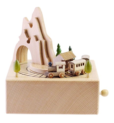 Wooden Musical Box Featuring Mountain Tunnel with Small Moving Magnetic Train | Plays 