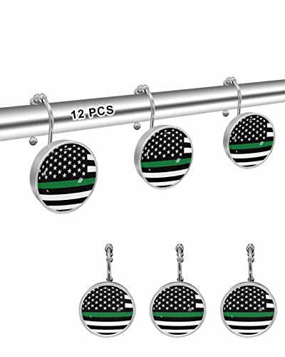 Shower Curtain Hooks for Bathroom, Green Line Flag Border Patrol, Park Ranger Conservation Officer Stainless Steel Rust-Proof Shower Hooks Crystal Glass Shower Curtain Rings for Bathroom - Set of 12