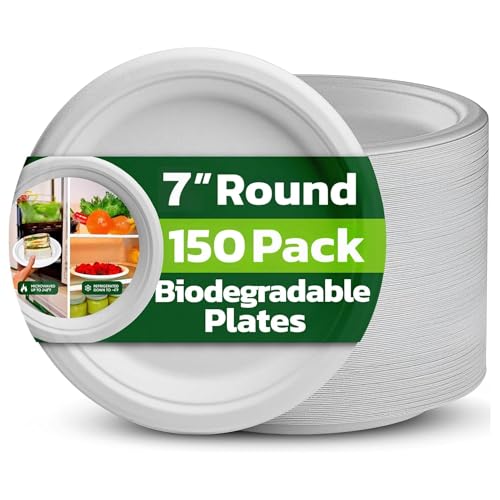 Ask Packaging Strong Paper Plates (7 Inch - 150 Pack) 100% Compostable Disposable Bagasse Plates - Heavy Duty Eco-Friendly Biodegradable Sugarcane Plate for Parties – Microwave & Freezer Safe