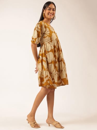 Image of Vbuyz Women's Floral Print Flared Cotton Beige Stitched Dress