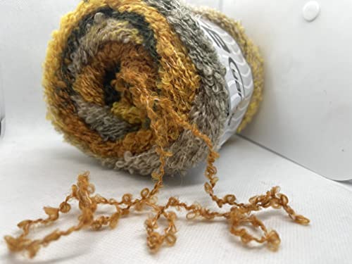 Copper, Sage, Yellow, Beige Boucle Fun Cake Yarn - Acrylic, Polyester, Mohair, Nylon Center Pull (1) 150 Gram (5.29 Ounces) 300 Meters (328 Yards) #TOP1