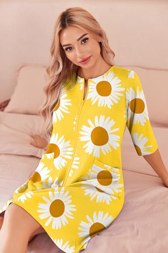 Image of Ekouaer Zip Up Robes for Women Short Waffle Bathrobe Lightweight house coat 3 /4 Sleeve Soft Nightgown with Pockets S-3XL