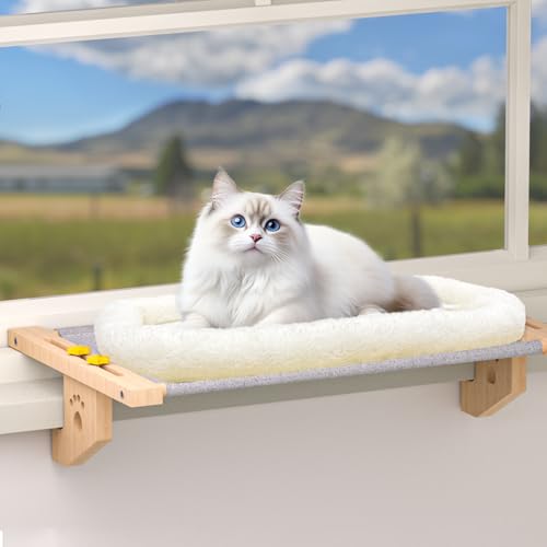 Cat Window Perch Sturdy Cat Hammock Window Seat with Cushion Bed Cover. Cat Window Sill with Wood & Metal Frame, Easy to Adjust Cat Bed for Windowsill, Bedside, Drawer and Cabinet