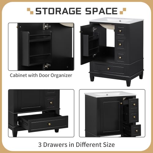 Image of Bellemave 24 inch Bathroom Vanity with Ceramic Sink & 3 Drawers, Bathroom Cabinet with Storage Shelves & Solid Wood Base, Freestanding Vanity Cabinet with Soft Closing Door with Organizer (Black /24)