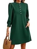Wenrine Womens 3/4 Puff Sleeve Mini Dress Button Crewneck Elegant Casual Business Shift Dresses 2025 Deep Green