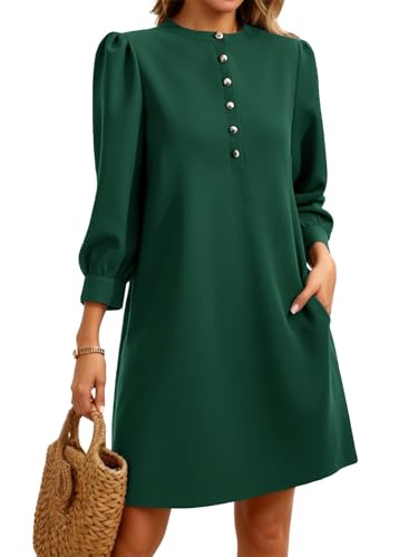 Wenrine Womens 3/4 Puff Sleeve Mini Dress Button Crewneck Elegant Casual Business Shift Dresses 2025 Deep Green