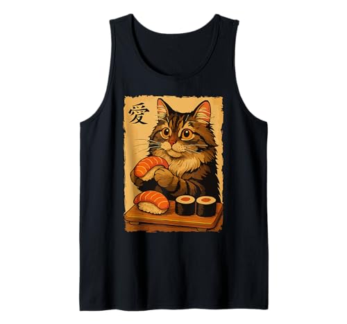 Lindo Kawaii Maine Coon Comer Sushi Divertido Gato de Comida Japonesa Camiseta sin Mangas