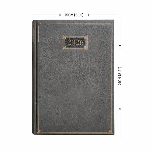 Image of Anupam Goth Diary 2026 with Dates, 2026 Daily Planner Full Page Per Day with Monthly Calendar, January to December 2026 Size A5 (21x14cm) 365 Days Canvas Textured PU Cover 80GSM Grey