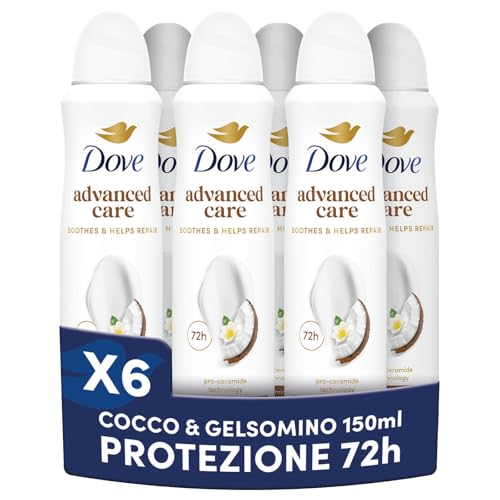 Dove Deodorante Spray Advanced Care Go Fresh Cocco e Fiori di Gelsomino, Formula Idratante e Delicata sulla Pelle, Senza Alcol, Pelle Asciutta Fino a 72 Ore, Deodorante Uomo e Donna, 6 Pezzi da 150ml