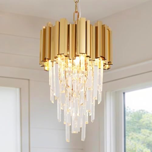 Gold K9 Crystals Chandelier Light Fixtures Dining Room Pendant Lighting 3-Light Modern Small Crystal Chandeliers Kitchen Island Lights Living Room Entryway Corridor Porch Round Ceiling Hanging Light D