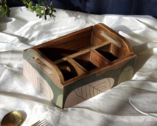 Image of Monstera Hut Abstract Aura Mangowood Cutlery Caddy | Wooden Cutlery Stand Storage Organiser|Cutlery Spoon Stand For Dining Table Chammach Stand|Multipurpose Cutlery Holder |Size23x17x10 cm