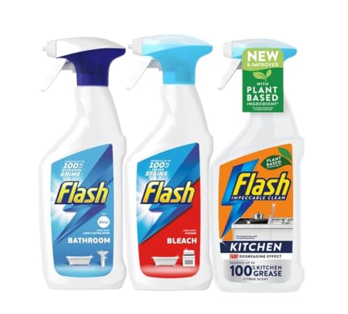Flaash Cleaning Spray Pack of 3 (500ml Each) | Bathroom Bleach & Kitchen Cleaning Sprays | Powerful Stain Grease & Germ Removal