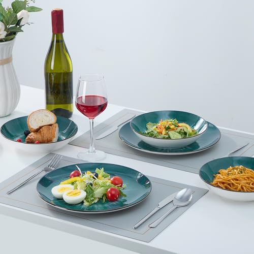 Image of Bestone 12 Piece Round Kitchen Dinnerware Sets,Plates and Bowls sets,Dishes, Plates, Bowls, Dish Set,Plates and Bowls,Service for 4, Chip Resistant Porcelain ,Starburst Turquoise Green