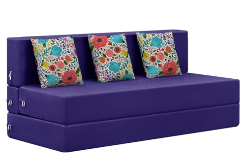 Image of Rosebell 3 Seater Foldable Sofa Cum Bed | 5x6 feet Jute Fabric with Washable Cover & 3 Printed Cushion | Multipurpose Sofa Bed for Living Room - Purple Color