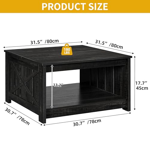 DWVO Square Coffee Table for Living Room, Farmhouse Coffee Table with Storage, 2-Tier Wood Coffee Tables Center Table with Half Open Storage Compartment, Black