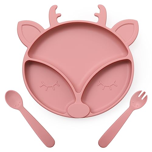 Image of ROCCED Suction Plates for Baby, Silicone Plates with Suction for Baby Divided, Baby Spoon Fork Set for Toddler Baby Dishes Kids Plates and Utensils-Deer pale mauve