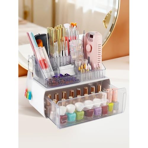 LIARTY Nail Drill Holder with Drawer: Acrylic Nail Drill Bits Holder Makeup Organizer Case for Brush - Beauty Cosmetic Storage Box for Dresser Countertop and Bathroom Vanity White with Drawe
