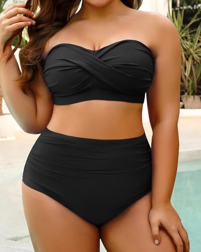 Yonique Women Plus Size Two Piece Swimsuits High Waisted Bathing Suits Bandeau Bikini Tummy Control Swimwear2