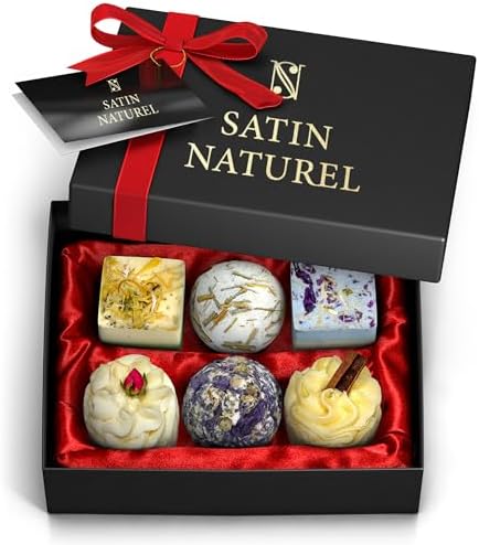 Christmas Gifts for Women - 6Pcs Bath Bombs Gift Box - Hand Made with Essential Oil Flowers & Bio Shea Butter - Gifts for her - Gifts for Mum - Vegan Skincare by Satin Naturel