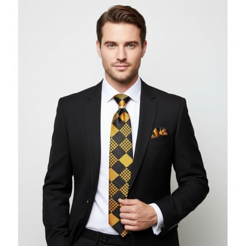 Image of 5PCS Mens Silk Tie, Pocket Square, Cufflinks, Drilled Tie Ring and Lapel Pin Set for Wedding Groom Party