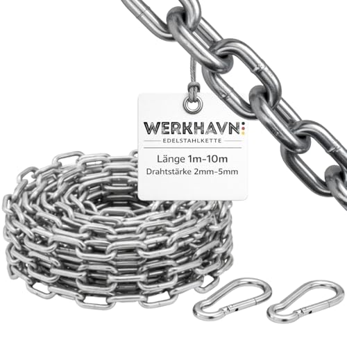 WerkHavn Edelstahlkette mit 2 Karabiner | Premium Kette aus Edelstahl 304 | rostfreie Ketten DIN763 Chain Stahlkette | Gliederkette | Rundgliederketten | Stärke 3mm Länge 1m