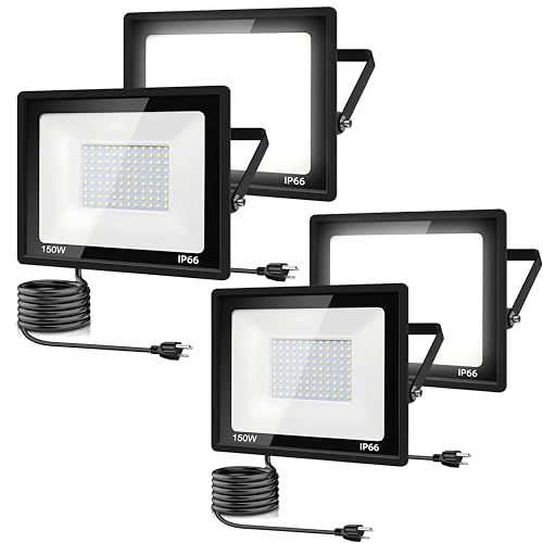 4Pack LED Flood Light Outdoor,150W LED Work Light 15500lm with 6FT US Plug,IP66 Waterproof Exterior Security Lights,6000K Daylight White Outside Floodlights Slim Design for Playground Yard