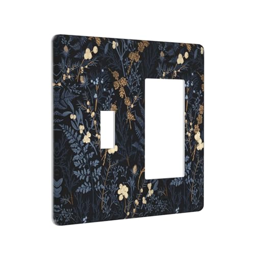 Decorative Outlet Covers Rustic Navy Dark Blue Leaves Golden Floral 2 Gang Outlet Cover Wall Plate Single Toggle Rocker Light Switch Cover Plate Switch Plate Covers for Bedroom Decor