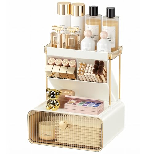 yazi 化粧品収納ボックス 4段式 コスメ収納 大容量 コスメボックス メイク収納ケース ブラシ立て 洗面所収納ラック 引き出し式 化粧棚 スキンケア 収納 浴室・化粧台・デスクオーガナイザー かわいい熊ちゃん付 女子へのギフト