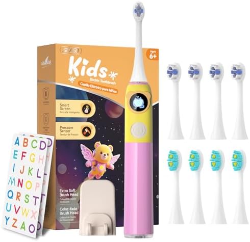 Seago Kinder Elektrische Zahnbürste ab 6 Jahren mit LCD-Bildschirm, Drucksensor, 2-Min-Timer, 80 Tage Akkulaufzeit, 3 Putzmodi, 8 Bürstenköpfen und personalisierbaren Aufklebern SG-2772 Rosa