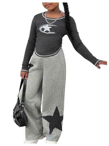 WDIRARA Girl's 2 Piece Set Star Graphic Tracksuit Long Sleeve T Shirt Fleece Sweatpants Outfits