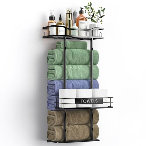 Aquohola Towel Racks for Bathroom, 30inch Wall Mounted Towel Rack, Towel Storage for Small Bathroom Can Holds 6 Large Towels, Floating Shelf with Adjustable Tissue Basket(Black).