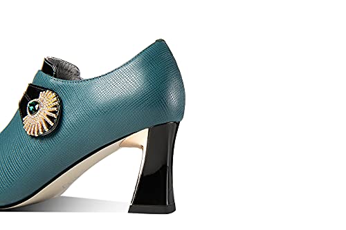 Tinacus Women's Patent And Genuine Leather Handmade Pointed Toe Spool Heel Green Crystal Side Zip Oxford Pumps (Blue, Us7.5) #TOP2