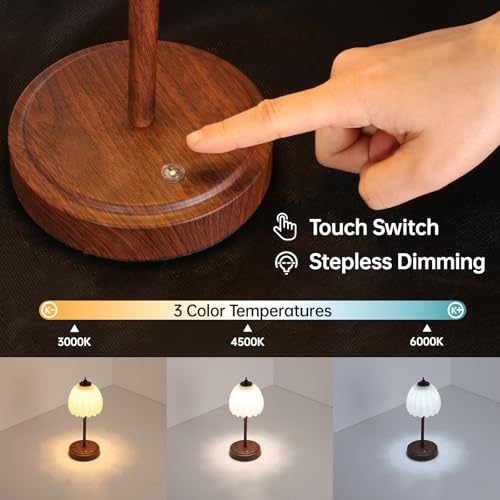Image of Shenmoyl Tulip Table Lamp with 5200mAh Battery & Touch Control, Small Cordless Table Lamp with 3 Colors, Rechargeable Battery Operated Table Lamps for Bedroom, Desk, Bedside (White-Walnut Color)