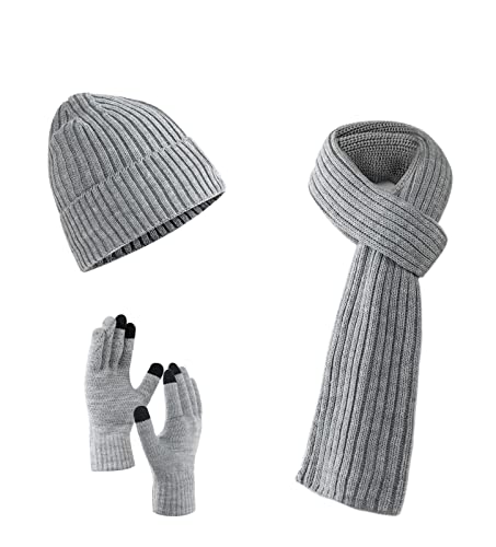 Villand Lot de 3 chapeaux écharpe avec gants à écran tactile pour homme et femme, ensemble unisexe pour temps froid avec doublure polaire et sac cadeau (Gris Clair) Cover