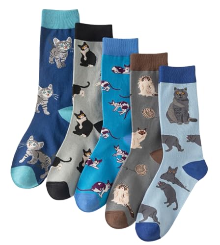 RIPETIC Animal Socks for Women Men 5 Pairs Comfortable Breathable Cat Novelty Socks Size 3-8 Multicolour