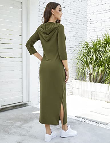 Image of MISSKY Women Casual Pocket Quarter-Zip Neck 3 /4 Sleeve Slim Split Pullover Hoodie Maxi Dress