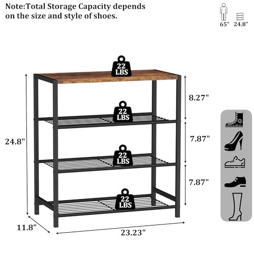 Image of HOMEFORT 4-Tier Metal Shoe Rack, All-Metal Shoe Tower, Shoe Storage Shelf with MDF Top Board, Each Tier Fits 3 Pairs of Shoes, Entryway Shoes Organizer with Sturdy Metal Shelves in Rustic Brown