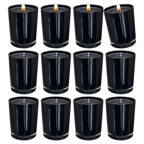 12 Pack Black Unscented Glass Filled Votive Candles, Soy Wax Candle Ideal Gifts for Spa Weddings Birthdays Holidays Party