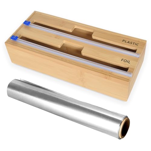 Dispensador de láminas 2 en 1 con cúter, cortador de papel, organizador de madera de bambú para cajón, incluye dispensador de pergamino y papel de aluminio