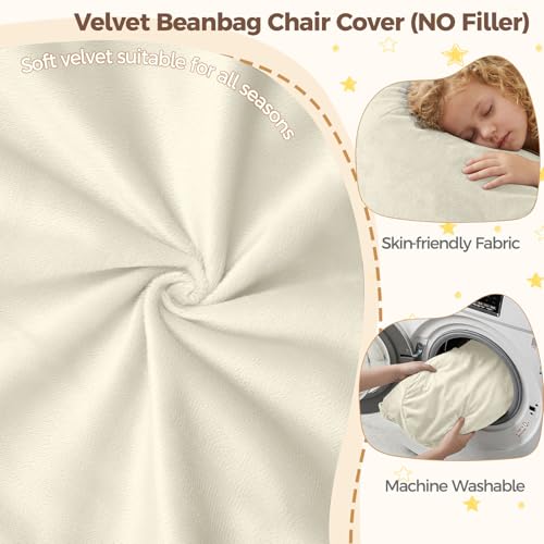 Image of Stuffed Animal Storage Bean Bag Chair Cover for Kids (No Filler), Soft Comfy Velvet Beanbag Chair Cover Machine Washable, Kids Bean Bag Chair with Handle for Living Room Bedroom Dorm, White
