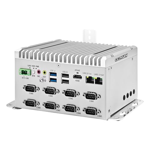 Glovary F1 Industriel Fanless Mini PC J6412 (4C4T, up to 2.6GHz), Micro Ordinateur Din Rail, Barebone, 2 x Gigabit LAN, 8 x RS232 COM, 4K HD, 2USB3.2, 9-36V Auto Power on