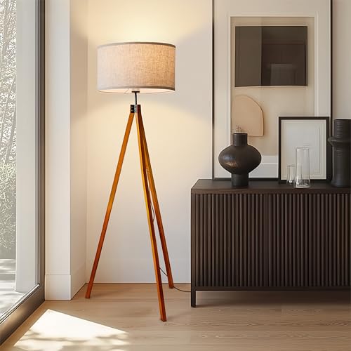 Brightech Eden Tripod Floor Lamp, Dimmable Standing Lamp with Solid Wood Legs for Bedroom Reading, Tall Tree Lamp for Offices, Modern LED Lamp for Living Rooms, Great Living Room Decor - Havana Brown - Thumbnail 6
