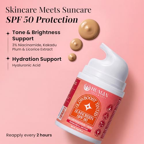 Image of HUMAN ELEMENT GlowBoost Tinted Sunscreen SPF 50 - Broad-Spectrum Sun Protection & Skin Brightening | Niacinamide + Kakadu Plum + Hyaluronic Acid | Lightweight, Non-Greasy, and Hydrating Formula for a Natural Radiant Glow | 50g
