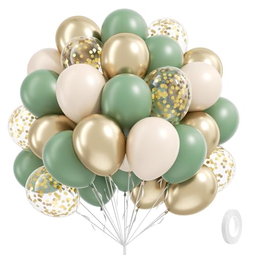 Sage green Balloons, 60pcs 12inch Sage green Sand White Metallic Gold Confetti Balloons for Boho...