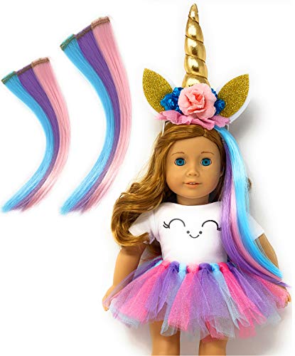 MY GENIUS DOLLS Unicorn Clothes, Headband,Tutu, 2 Matching Hair Clip Extensions Wig Sets - fits All 18 inch Dolls Like American Girl, Our Generation My Life Journey | Accessories | Doll NOT Included