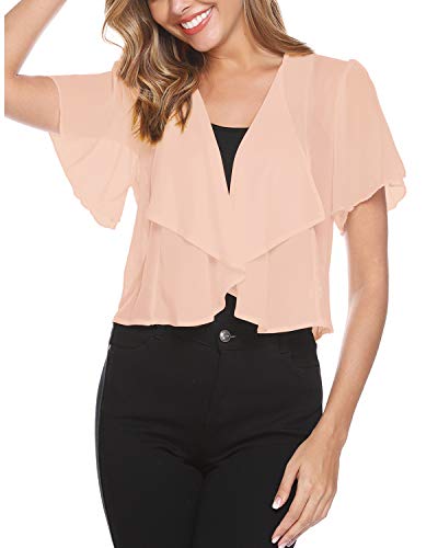 Hawiton Women Shrug Short Sleeve Lace Bolero Jacket Open Front Cropped Cardigan Apricot - Thumbnail 3