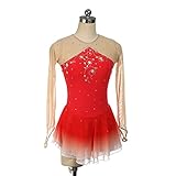 Eiskunstlaufkleid, Professioneller Glänzender Strass Langarm Gymnastik Trikot Tanzkleid Anzug Stretch Skating Ballett Tanz Performance Kostüm Für Den Wettbewerb,Rot,3XL